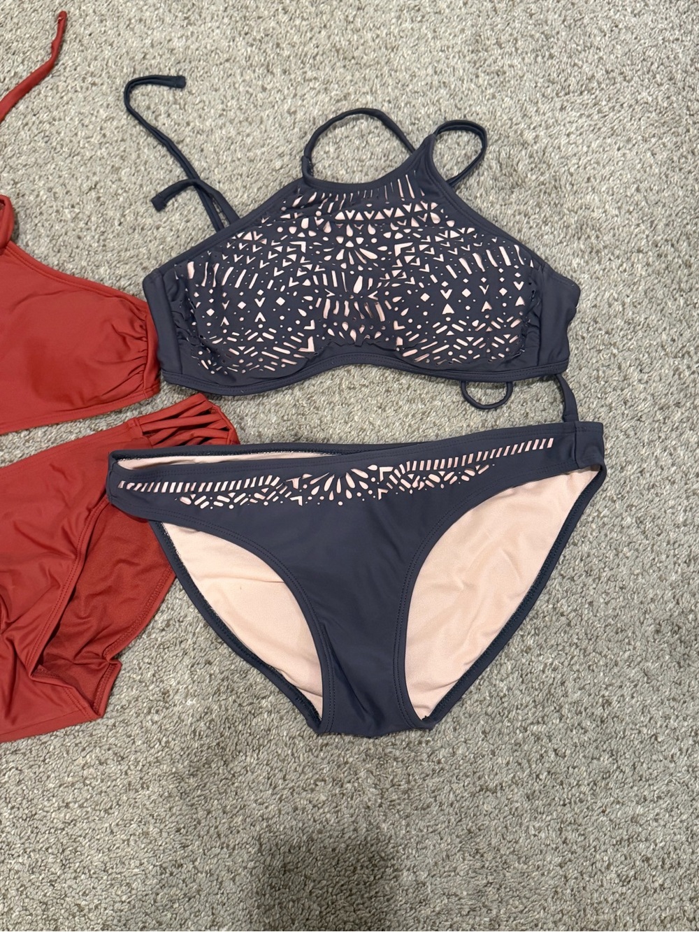 Two-Piece Bikini Set - Red and Gray Crop Tops with Matching Bottoms - Picture 3 of 4